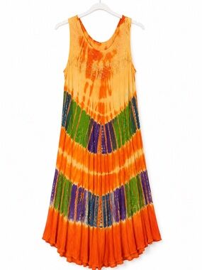 Boho Sleeveless Tie-Dye Midi Dress in Orange Multi (one size fits most)